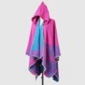 Detailed view of magenta and blue hooded knit shawl with paisley pattern - Poncho Style (831088) / 135*150CM / Magenta Pink