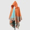 Cozy orange and turquoise knit hooded poncho with intricate paisley pattern detail - Poncho Style (831088) / 135*150CM / Orange