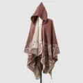 Cozy hooded knitted poncho with paisley patterns in a chocolate and beige color palette. - Poncho Style (831088) / 135*150CM / Coffee