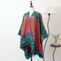 Warme damesponcho in etnische stijl met geometrische patronen, dik gebreid herfstvest - Sjaal met split - Marokkaans licht - Roze, camel & blauw