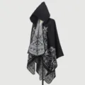 Elegant black and grey floral jacquard hooded knitted poncho shawl cape for women - Tops / Black