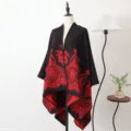 Gebreide sjaal in Europese stijl met geometrisch bloemenpatroon in rood zwart - Sjaal met split - Diepzee bloemen - Zwart & rood