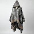 Cozy hooded knit poncho shawl with tribal geometric patterns for autumn winter - Grey Starburst Floral Poncho