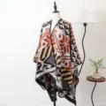 Dames poncho sjaal in etnische stijl met geometrische print voor herfst en winter - Sjaal met split - Marokkaans licht - Geel & koffie