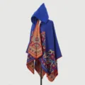 Bohemian hooded knitted poncho with intricate floral jacquard pattern on mannequin - Tops / Sapphire Blue