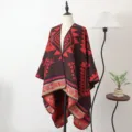 Cozy knit shawl cape featuring ethnic red and brown geometric patterns for autumn winter - Trendy Geometric Slit Scarf - Red