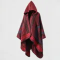 Cozy hooded poncho cloak with red geometric tribal pattern detail - Wine Red Starburst Floral Poncho