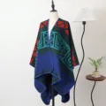 Dikke imitatie kasjmier poncho sjaal met geometrisch patroon voor winterse reizen - Gespleten sjaals met geometrisch doolhofpatroon - Blauwgroen
