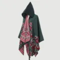 Elegant hooded knit shawl with intricate red floral jacquard pattern on dark green - Tops / Green