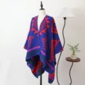 Blue geometric pattern knit poncho wrap with open front for winter warm - Trendy Geometric Slit Scarf - Royal Blue