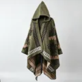 Hooded green knit poncho with bohemian geometric patterns and tribal sun design - Green Starburst Floral Poncho