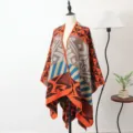 Boheemse gebreide poncho sjaal met etnisch geometrisch patroon voor dames in herfst en winter - Sjaal met split - Marokkaans licht - Oranje & camel