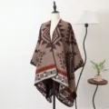Warm bohemian knitted poncho featuring geometric tribal patterns in cozy brown earth tones - Trendy Geometric Slit Scarf - Khaki