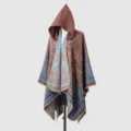 Detailed view of bohemian hooded poncho shawl with vintage paisley pattern in brown and blue - Blue Coffee / 135*150CM
