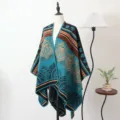 Boho jacquard gebreide poncho sjaal met turquoise mandala patroon voor dames winter - Hemelblauwe sjaal met split en gouden lotus