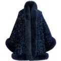 Detailaufnahme eines dunkelblauen Pailletten-Capes mit flauschigem Kunstpelzkragen - 172cm / Marineblau