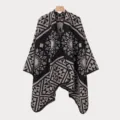 Vintage Herren-Poncho-Cape mit Jacquard-Strick und ethnischen Mustern für Winter - Schwarz Beige