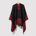 Detailed view of a men's knitted shawl with red stripes and long fringe tassels - 135*150CM / Black Red