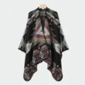 Detail showing the intricate tribal geometric patterns on this thick winter knit poncho - Slit Scarf Tribal Code Black