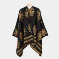 Elegantes schwarz-goldenes Stricktuch mit ethnischen Blumenmustern und warmem Stoff - Schwarz Kamel