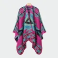 Vibrant bohemian geometric pattern knitted poncho cape with magenta and cyan accents - Slit Scarf Tribal Code Pink