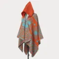 Eleganter Herren Kapuzen-Strickponcho mit orange-türkisen geometrischen Mustern - Morgenmantel / 135*150CM / Orange