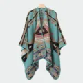 Stylish bohemian geometric knit poncho shawl with open front for autumn and winter - Tribal Code Split Scarf (Blue & Camel)