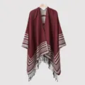 Men's burgundy knit shawl poncho featuring grey stripe patterns and black fringe tassels - 135*150CM / Burgundy