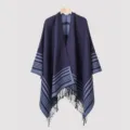 Close-up of a navy blue striped knitted shawl with decorative tassels at the hem - 135*150CM / Navy Blue