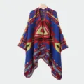 Knitted poncho shawl with colorful geometric patterns and ethnic open front design - Tribal Code Split Scarf (Blue)