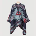 Detailed view of the ethnic geometric pattern on this heavy knit winter poncho shawl - Split Scarf Tribal Cipher - Navy Blue