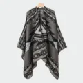 Full view of thick knit poncho with ethnic geometric pattern in gray and black tones - Slit Scarf Tribal Code Gray