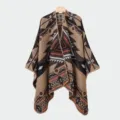 Detailed macro shot of ethnic geometric patterns on this warm knit winter poncho - Tribal Code Split Scarf (Camel)