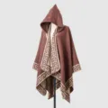 Detail of brown hooded knit poncho featuring a beige geometric Greek key border pattern - Robe / 135*150CM / Coffee