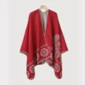 Stylish red men's knitted poncho with ethnic white patterns for warm winter street style - Red Feather Pattern Split Scarf