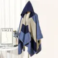 Striped color-block hooded knit poncho wrap shawl for women in blue and beige - Blue