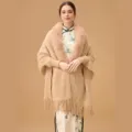 Detail of elegant beige knitted shawl with faux fur collar and shiny sequins decoration - Tops / 70*180cm / Khaki