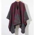 Detailed view of a knit shawl featuring a vintage paisley pattern in red and grey. - Burgundy
