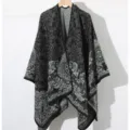 Elegant women's black and grey paisley knit shawl poncho with open front design - Black