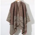 Detailed view of a knit shawl for women featuring maroon and beige paisley patterns. - Khaki