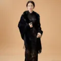 Elegante zwarte sjaal van imitatienerts met bontkraag voor cheongsam en bruiden - 70*180cm / Zwart