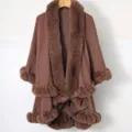 Elegant brown knit shawl with plush faux fur trim detail for women's winter winter coat - Tops / Dark Khaki