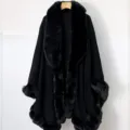Elegant black winter shawl cape with luxurious faux fur collar and trim detail for women - Robe / 138x150cm / Black