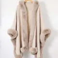 Elegant beige hooded knit poncho cape featuring soft faux fur trim for winter warmth - Beige / 138x150cm