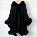 Elegant black hooded knit poncho with plush faux fur trim for winter warmth and comfort - Black / 138x150cm