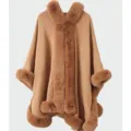 Elegant brown knit hooded poncho with luxurious plush faux fur trim for winter warmth - Camel / 138x150cm