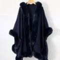 Warm navy blue knitted hooded poncho with elegant faux fur trim for winter style - Navy Blue / 138x150cm