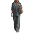 Women casual two piece set long sleeve button shirt and wide leg trousers solid color outfit - Dark Gray