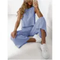 Detailaufnahme des lässigen Leinen-Sommer-Sets mit ärmellosem Top und langer Hose. - Hellblau