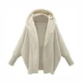 Women solid color long sleeve hooded loose plush cardigan cozy winter outerwear casual fleece coat - S / White